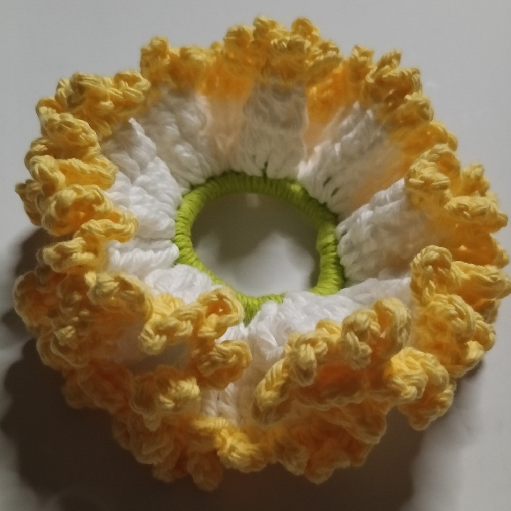 Handmade Yellow & White Crochet Hair Scrunchie. 100% Cotton